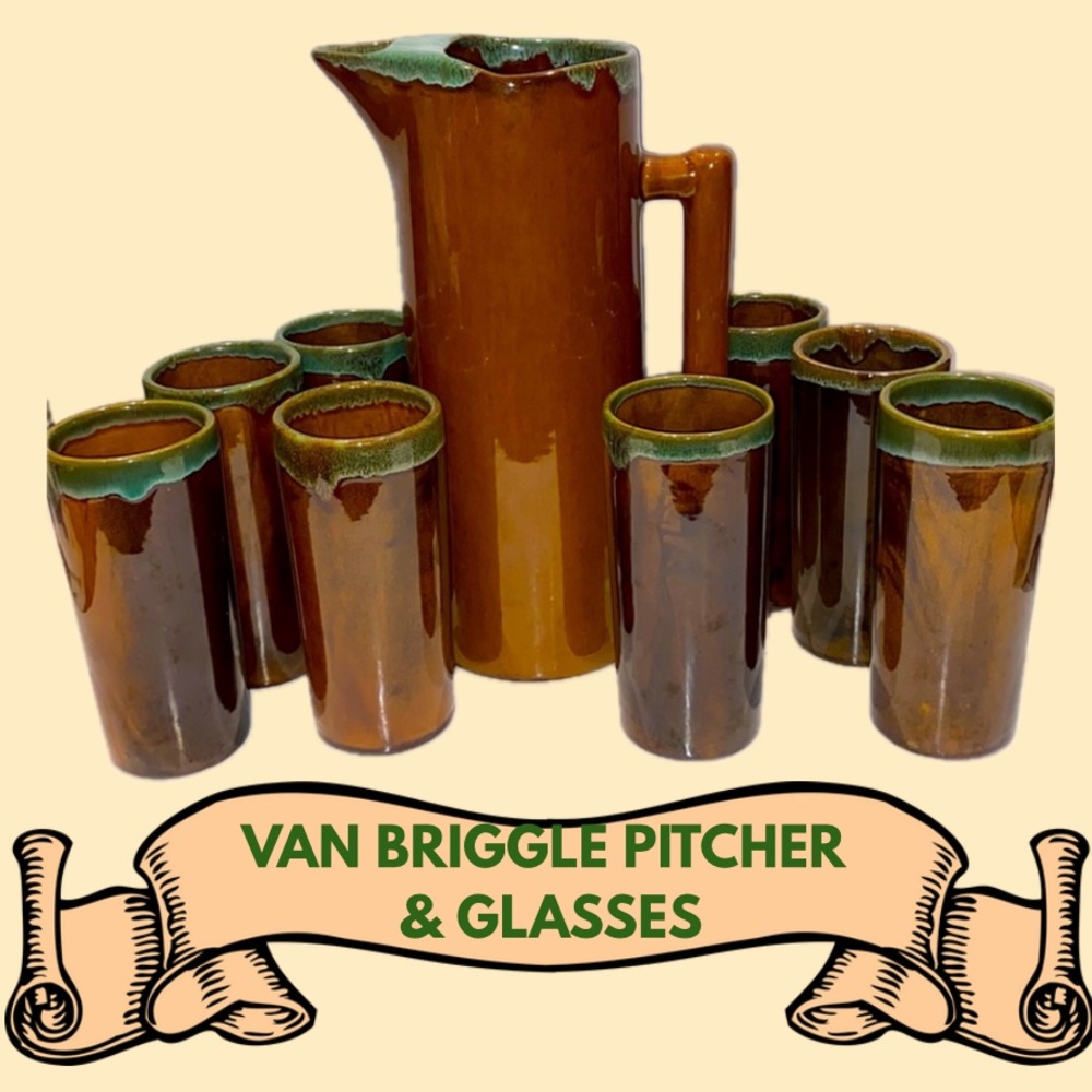 RARE 1950’s Van Briggle Drip Glaze Pottery Pitcher & Eight Glasses